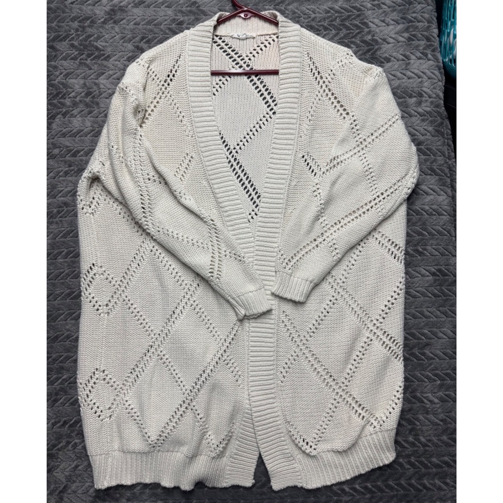 Splendid Cardigan L Cream Excellent Diamond Pointelle Cotton Open Knit (1904)